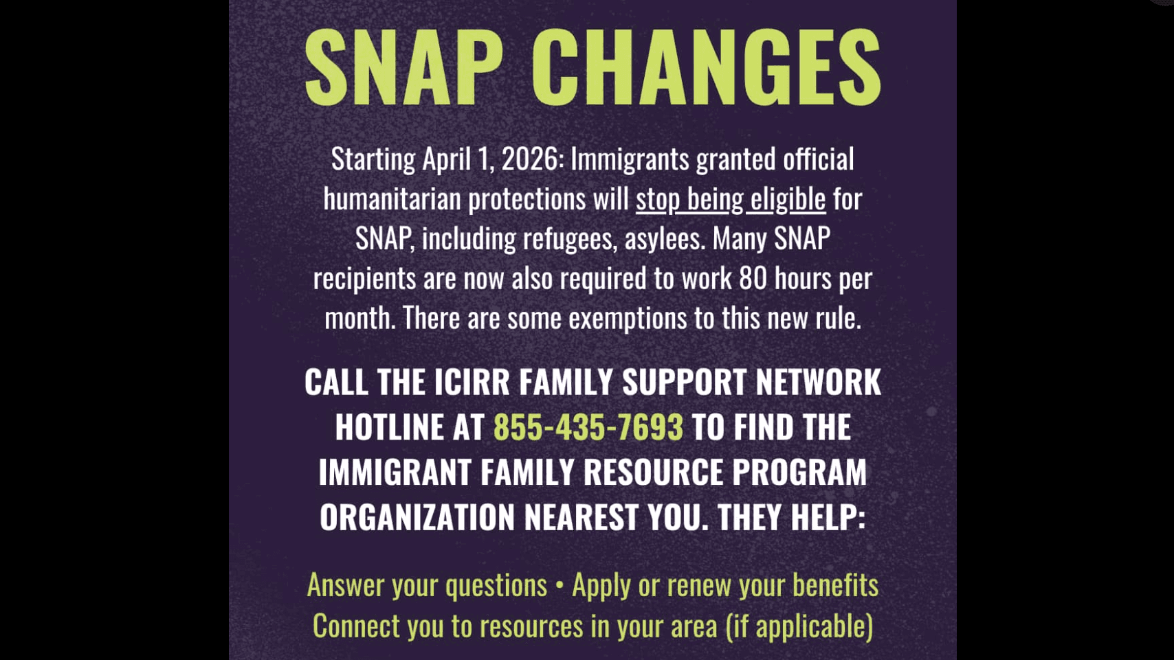 Screenshot: Illinois Coalition for Immigrant and Refugee Rights educating SNAP recipients about potential changes to their benefits.