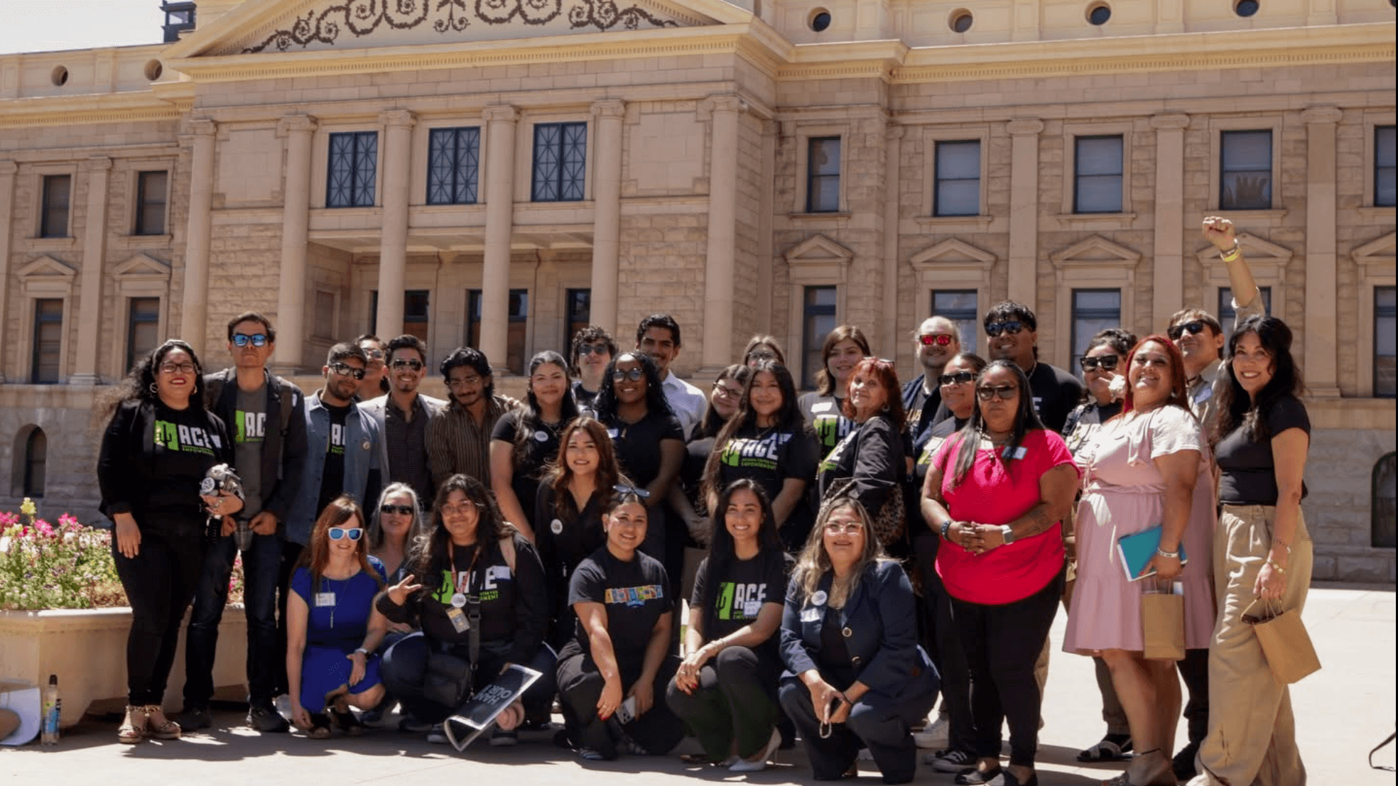 Photo: Arizona Center for Empowerment (ACE) members at the State Capitol on Tax Day demanding investments in healthcare, food assistance, and other programs Arizonans need.
