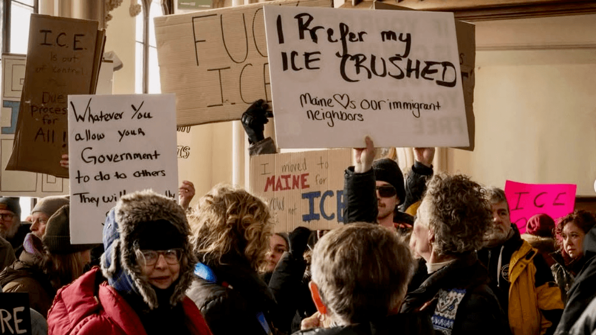 Photo: Community Organizing Alliance - “ICE Out” rally in Lewiston, Maine, 1/24/2026. (Photo Credit: Erin Towns)