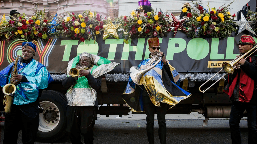Photo: Joy to the Polls entertaining voters with music and dancing.