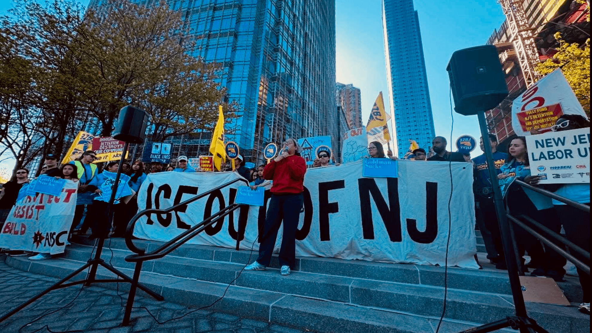 Photo: Make the Road New Jersey members demanding “ICE Out of NJ” at the Jersey City May Day march and rally.