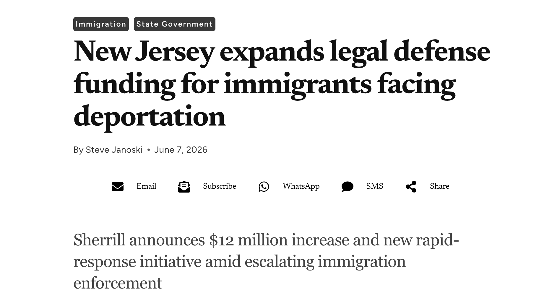 Screenshot: The Jersey Vindicator reporting on Governor Mikie Sherrill’s announcement to fully fund New Jersey’s Detention and Deportation Defense Initiative.